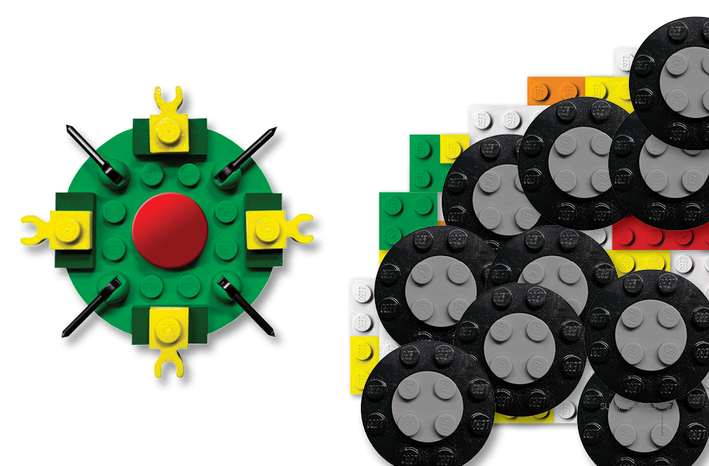 An arrangement of Lego blocks depicts the idea of a T cell at the edge of a cluster of cells that make up a tumor.